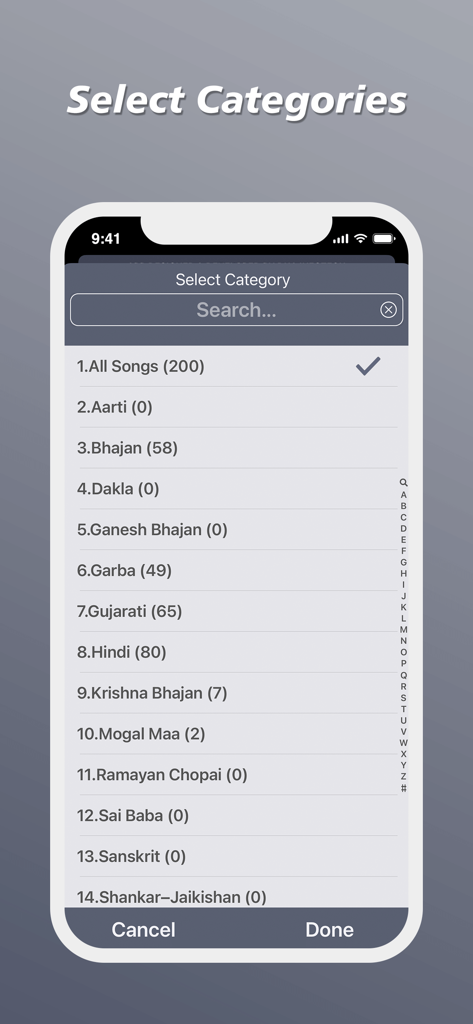Interface showing a list of song categories including Bhajan Garba Gujarati and Hindi for offline lyrics access