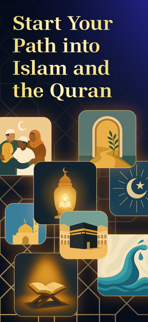 Welcome screen of AyahPath Daily app with Islamic illustrations and text Start Your Path into Islam and the Quran