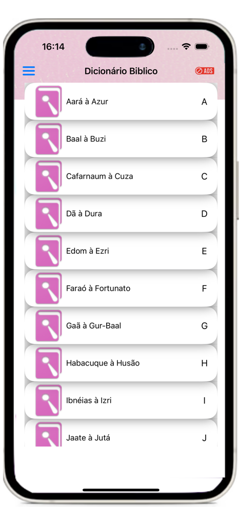 Biblia da Mulher - Interface do Dicionário Bíblico no aplicativo Bíblia da Mulher com lista alfabética de termos em português