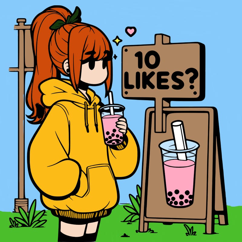 girl with oversized hoodie drinking boba and she has a high ponytail with a sign that says 10likes?