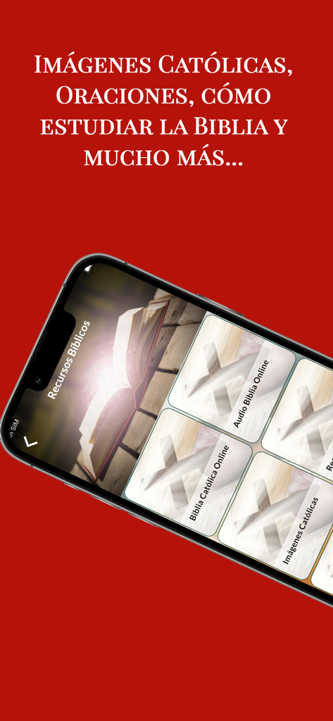 La Biblia Católica en Español - Interfaz de la aplicación Biblia Católica que muestra un menú de recursos bíblicos con audio Biblia e imágenes católicas.