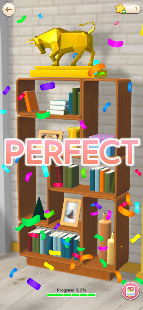 Craft Cross Stitch: Pixel Art - A wooden bookshelf decorated with books and a gold bull statue featuring a Perfect message and colorful confetti in the Meta Room