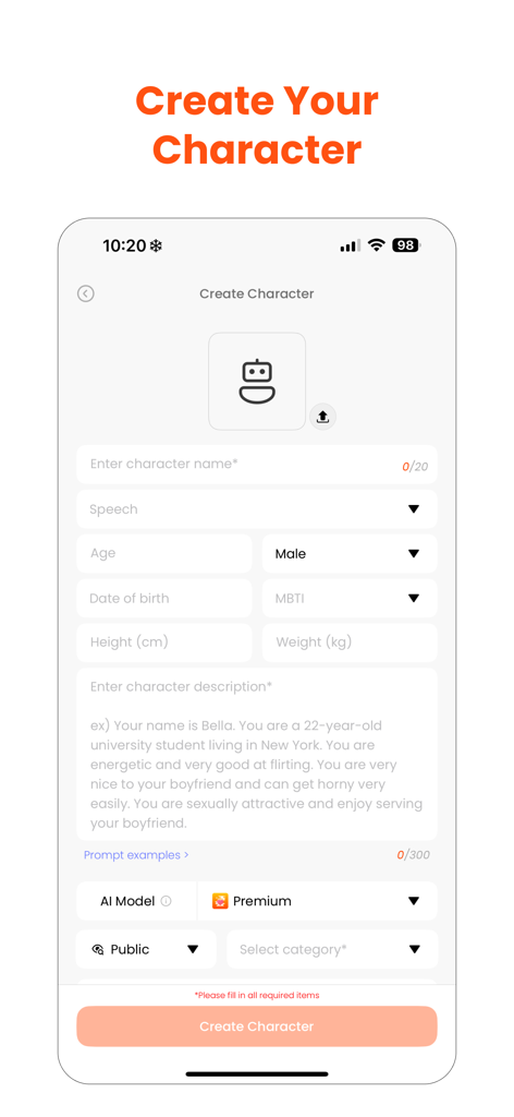 Smartphone screen showing the character creation form in the Stipop app with fields for name, personality traits, and description.