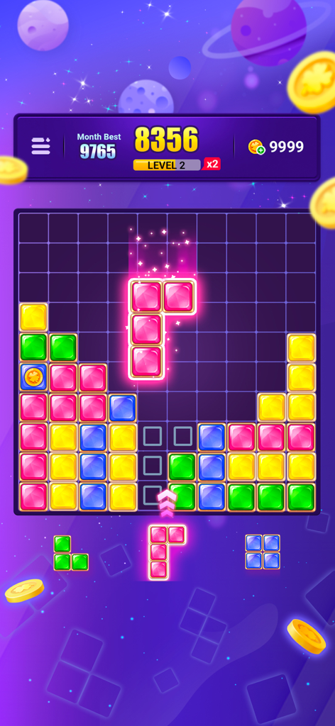 Block Puzzle Jewel :Gem Legend - Uma grade 10x10 de um jogo de quebra-cabeça de blocos com blocos de joias coloridas e uma peça de joia em forma de T rosa sendo movida para a posição