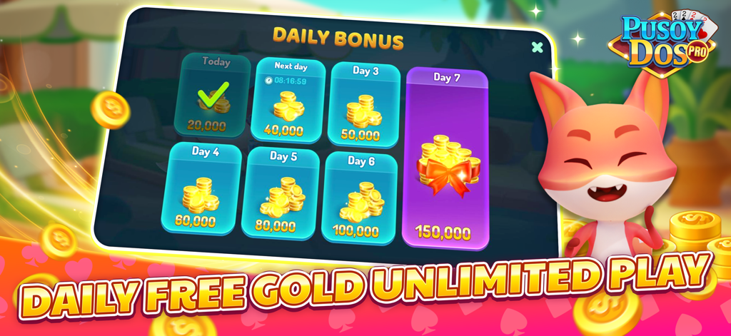 Pantalla de bonificación diaria del juego móvil ZingPlay Pusoy Dos que muestra recompensas de oro gratis por una racha de inicio de sesión de siete días