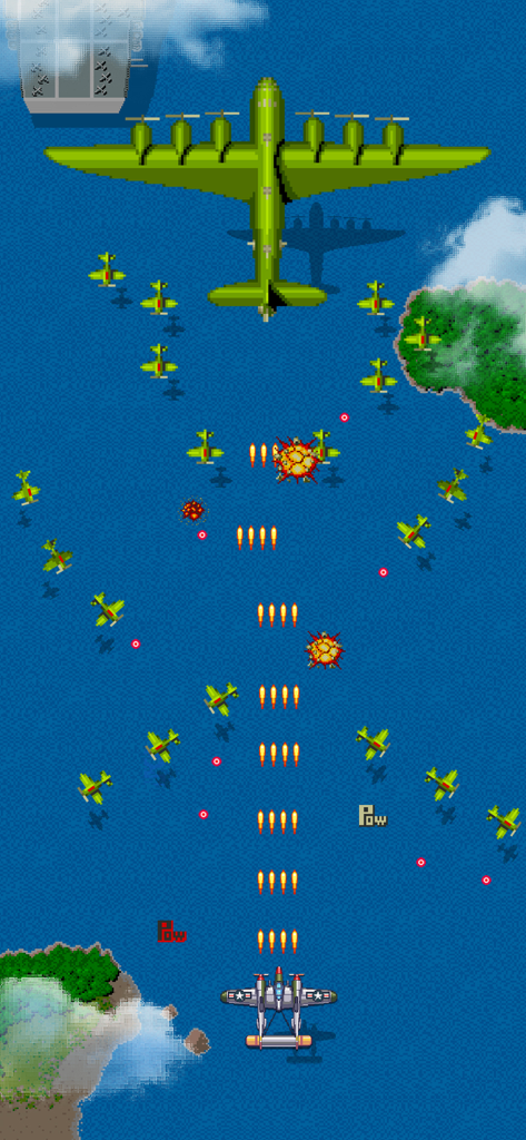 Retro vertical shooter gameplay featuring a P-38 Lightning aircraft fighting a large enemy bomber over the ocean