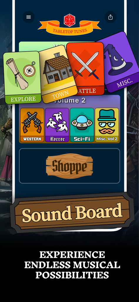 Tabletop Tunes - RPG Music App - Tabletop Tunes App-Oberfläche, die RPG-Musikkategorien anzeigt, darunter Erkunden, Stadt, Kampf, Horror und Sci-Fi.