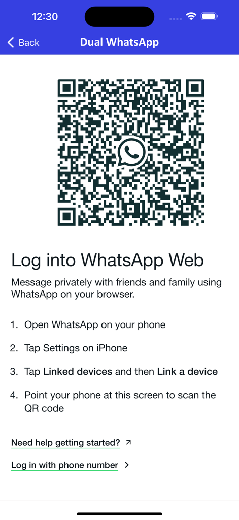 DualChat app screen showing a QR code to link and log into a second WhatsApp account