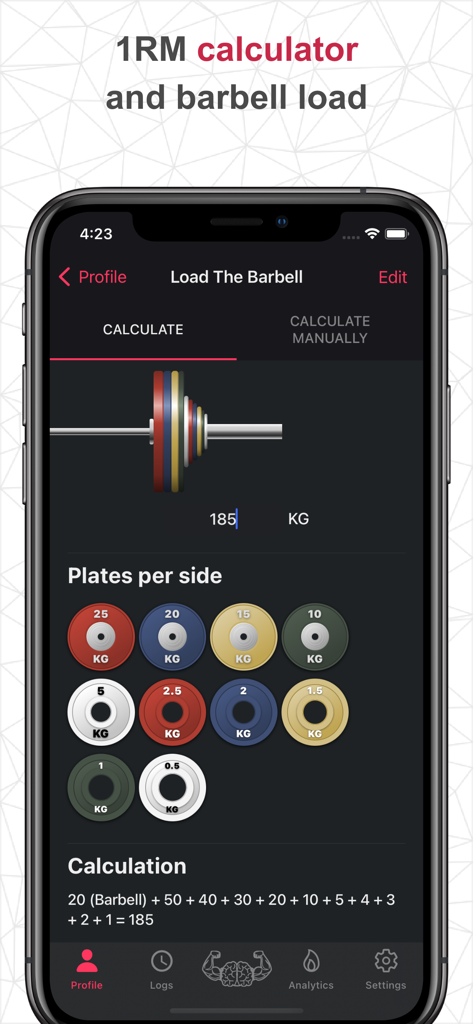 SmartWorkout - Gym Log Tracker - Interfaz de la aplicación SmartWorkout que muestra una calculadora de carga de barra con discos de pesas de colores para entrenamiento de fuerza