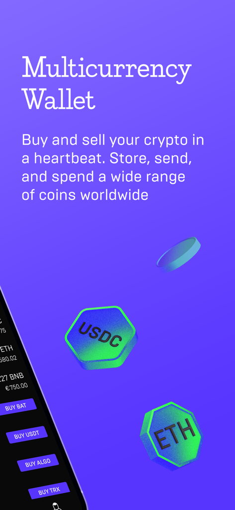 Mercuryo mobile app screen promoting a multicurrency wallet for buying and selling crypto