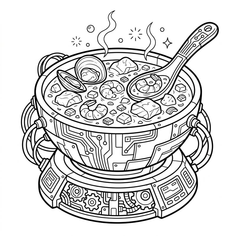 Explore a futuristic culinary world with this unique cyberpunk seafood chowder coloring page. Immerse yourself in the intricate details of a tech-infused meal, perfect for creative coloring enthusiasts.