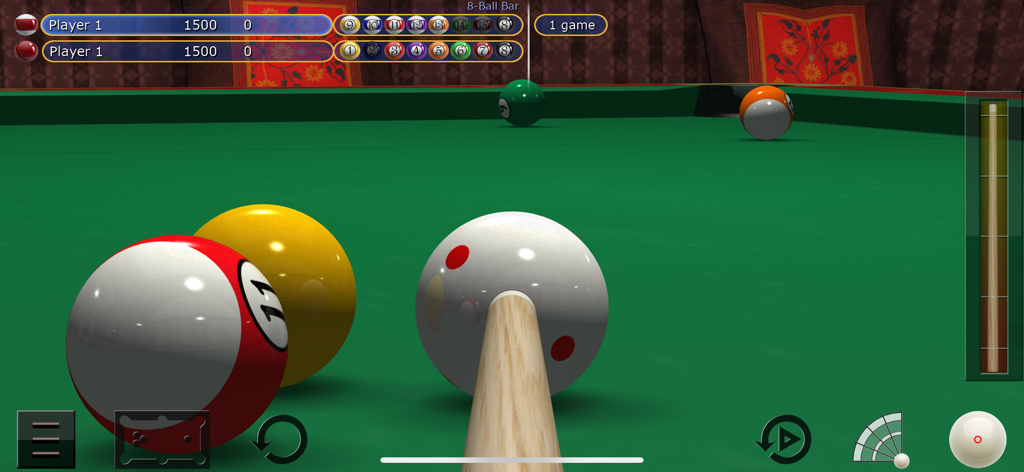 First person perspective of aiming the cue ball at billiard balls on a green table in Virtual Pool