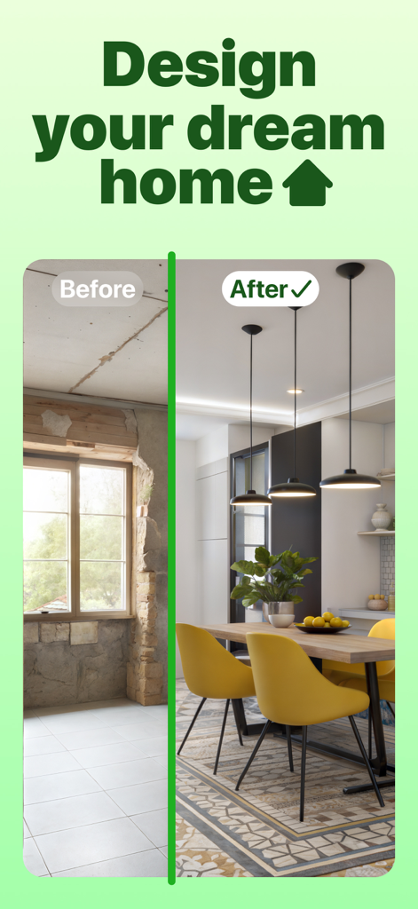 Rénovation de pièce avant/après assistée par IA montrant un intérieur brut transformé en salle à manger moderne avec des meubles et un éclairage élégants.