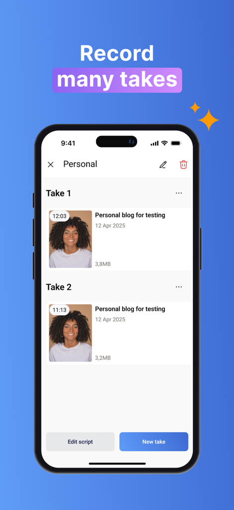 개인 블로그의 다양한 녹화본 목록을 보여주는 Teleprompter For Video 앱의 인터페이스