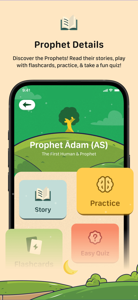 Quran For Kids Prophet Stories - Prophet Adam details screen with story practice and quiz options in the Quran for Kids app