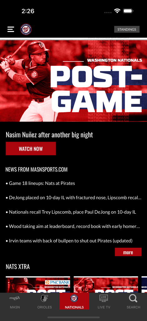 MASN - MASN mobile app interface displaying Washington Nationals post game content and regional sports news