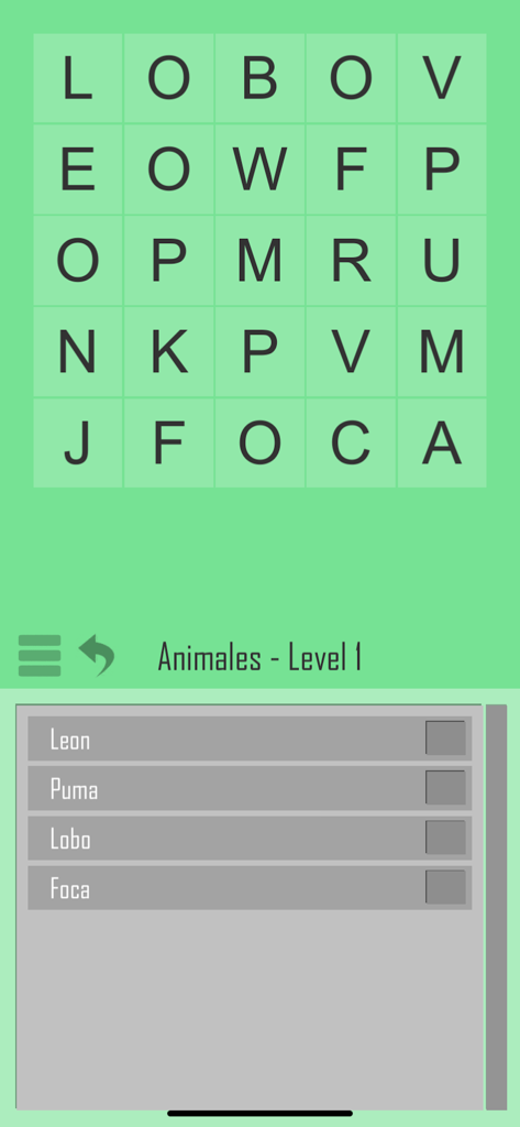 Sudokus y Sopa de Letras - 動物の名前が表示されたスペイン語の単語検索パズルレベル1。