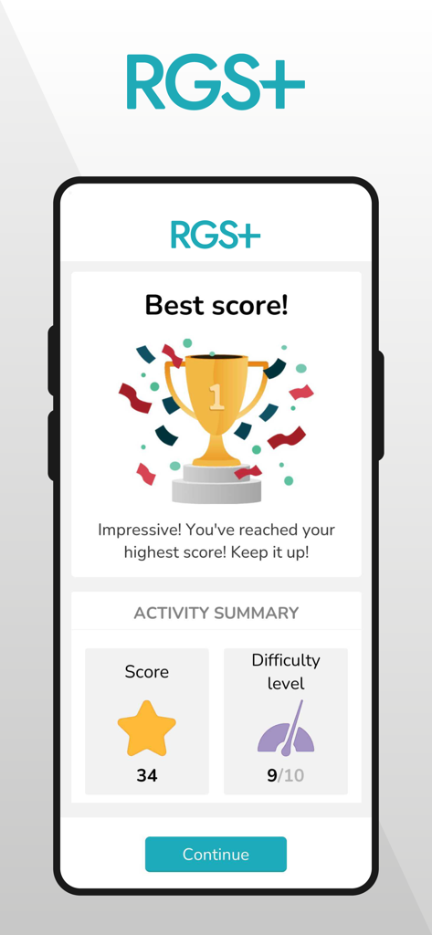 Pantalla de resumen de actividad de la aplicación RGS+ que muestra una notificación de mejor puntuación con un icono de trofeo y un resumen de actividad.