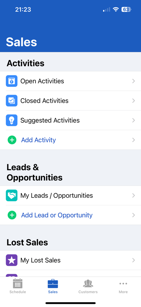 SalesLink Flex - Mobile app screen showing sales activities leads and opportunities in SalesLink Flex.
