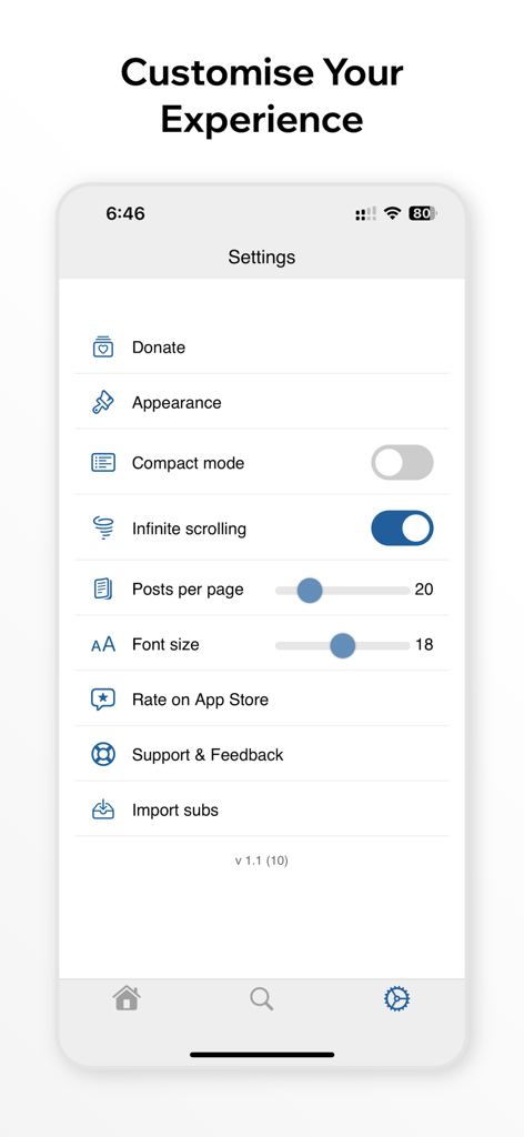 rdx for Reddit - Settings screen of rdx for Reddit app with options for compact mode and infinite scrolling.