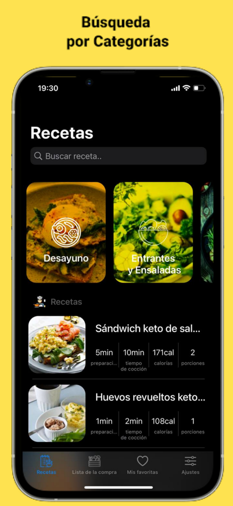 Interfaz de aplicación móvil que muestra categorías de recetas keto y detalles de comidas en español.