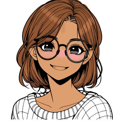 realistic girl with glasses smiling, eyes open