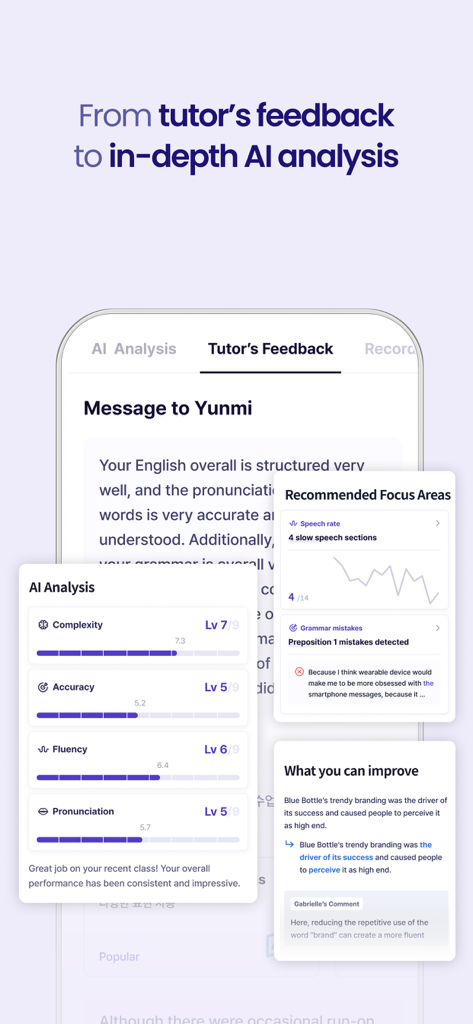 Ringle - 1:1 Online English - Tableau de bord de l'application Ringle affichant des retours personnalisés du tuteur et une analyse par IA des indicateurs de compétence en anglais tels que la fluidité et la précision.