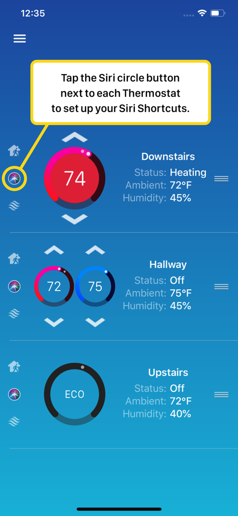 Interface do aplicativo Thermo Watch mostrando como configurar Atalhos da Siri para vários termostatos inteligentes