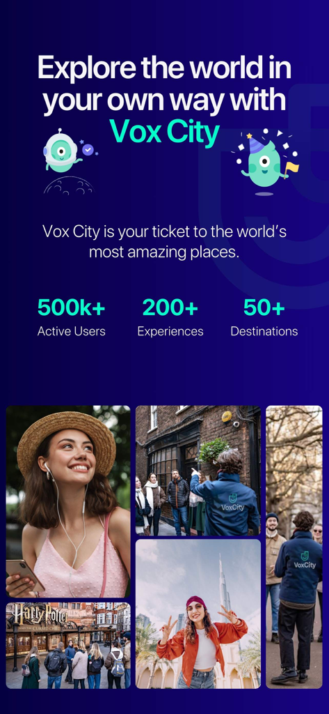 Vox City app promotional screen showcasing travel experiences and user statistics for digital tour guides