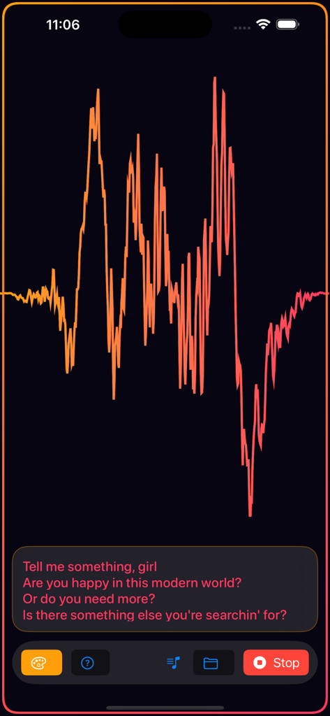 Live Audio & Music Visualizer - Una interfaz móvil para la aplicación Live Audio and Music Visualizer que muestra una forma de onda naranja reactiva y transcripción de letras en tiempo real.