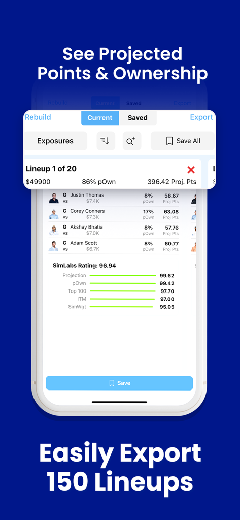 DFS Lineup Optimizer - SimLabs - Screen showing projected points and ownership for DFS lineups in the SimLabs app
