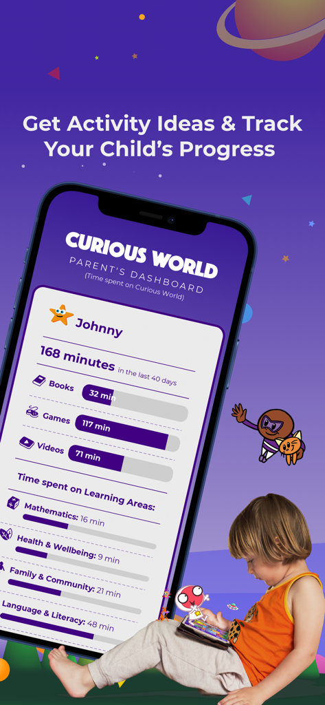 Parent dashboard in Curious World app showing time spent on books games and videos for child progress tracking