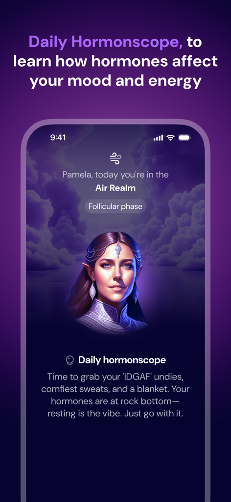 Musa app screen showing a daily hormonscope with a goddess avatar and cycle syncing advice.