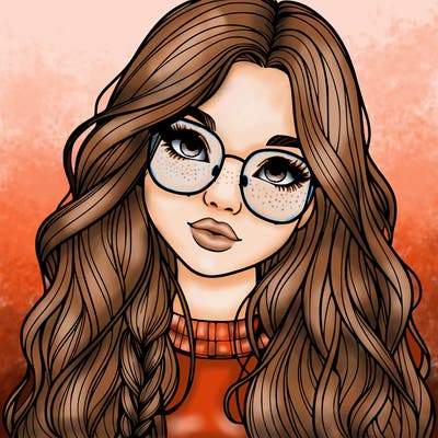 girl with long hair and freckles and glasses realistic