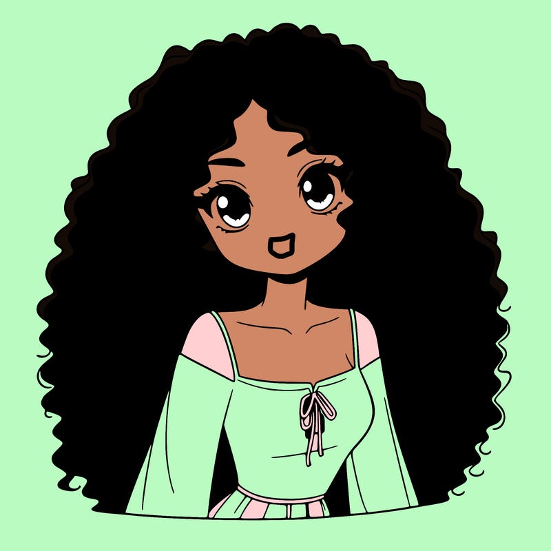 a black anime girl with long afro hair