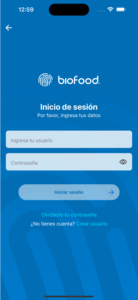 Biofood Service - Login screen of the Biofood Service mobile app showing username and password fields on a blue background