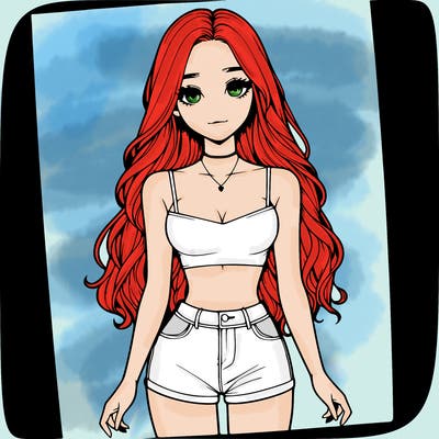 a realistic girl with long hair and in a crop top and shprts