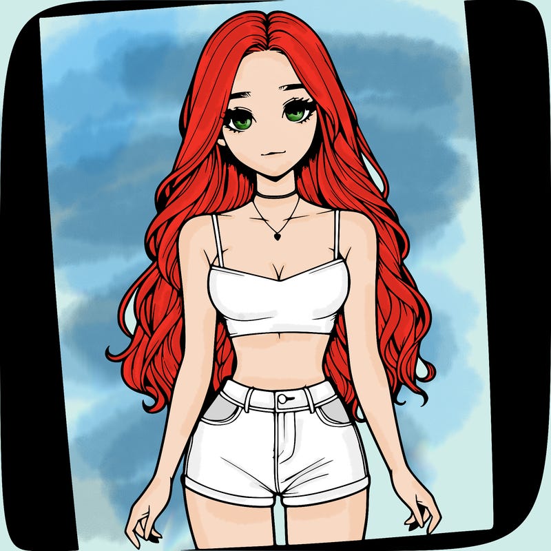 a realistic girl with long hair and in a crop top and shprts