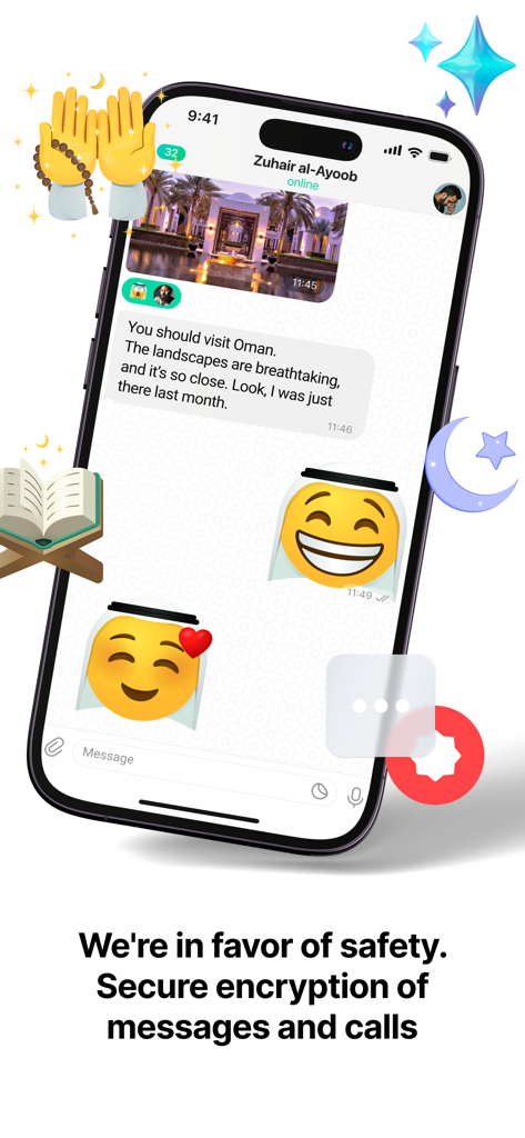 MM Chat: Muslim Social App - Interface do MM Chat mostrando mensagens seguras e criptografadas e adesivos com tema islâmico