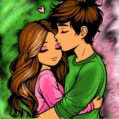 a realistic couple boy and girl hugging and kissing