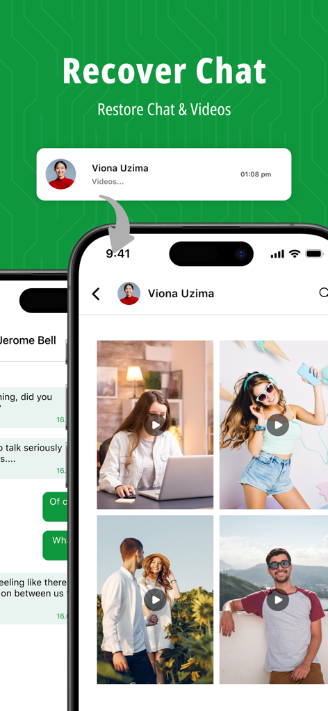 WA: Recover Deleted Messages - A smartphone interface showing recovered video messages and chat notifications from the WA Recover app