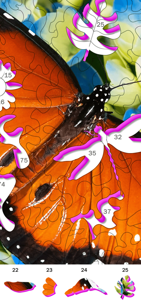 数字のピースとスロットを備えたオレンジ色の蝶の3Dジグソーパズルゲームプレイ画面。