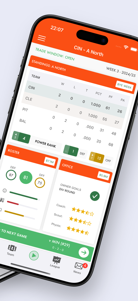 Pocket GM 3: Football Sim - Pocket GM 3 mobile app interface showing football team standings and roster overview