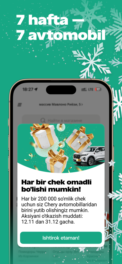 Écran de l'application mobile Korzinka Go montrant une promotion pour gagner une voiture lors des fêtes avec des cadeaux et un véhicule