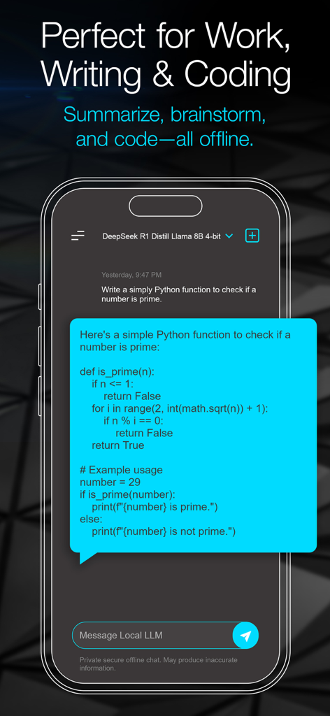 Local LLM: Private Secure Chat - Interface de l'application LLM Local montrant une session de chat hors ligne où l'IA génère une fonction Python pour vérifier les nombres premiers.