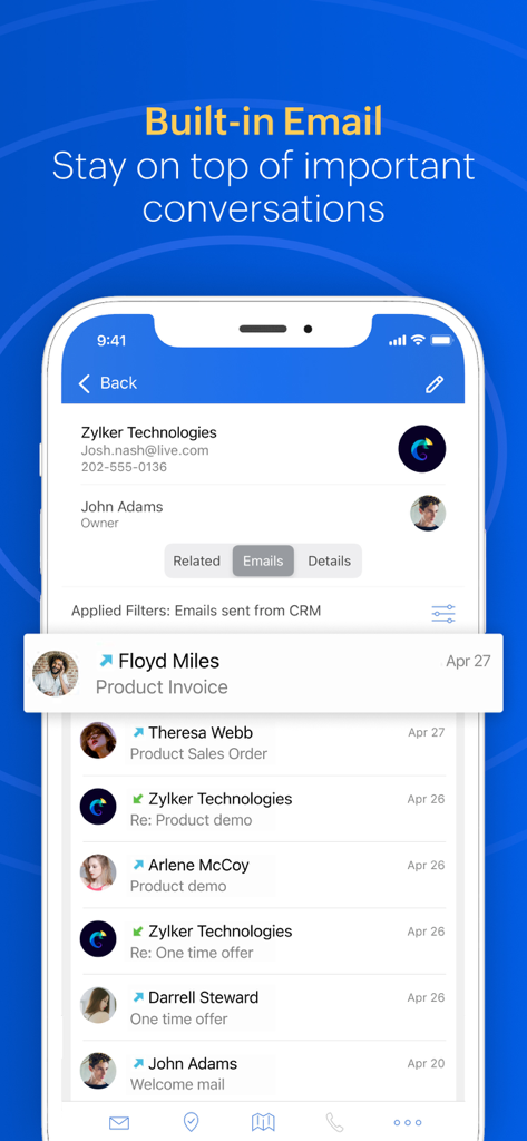 Zoho CRM - Sales & Marketing - Zoho CRM mobile app interface showing built-in email tracking for sales conversations.