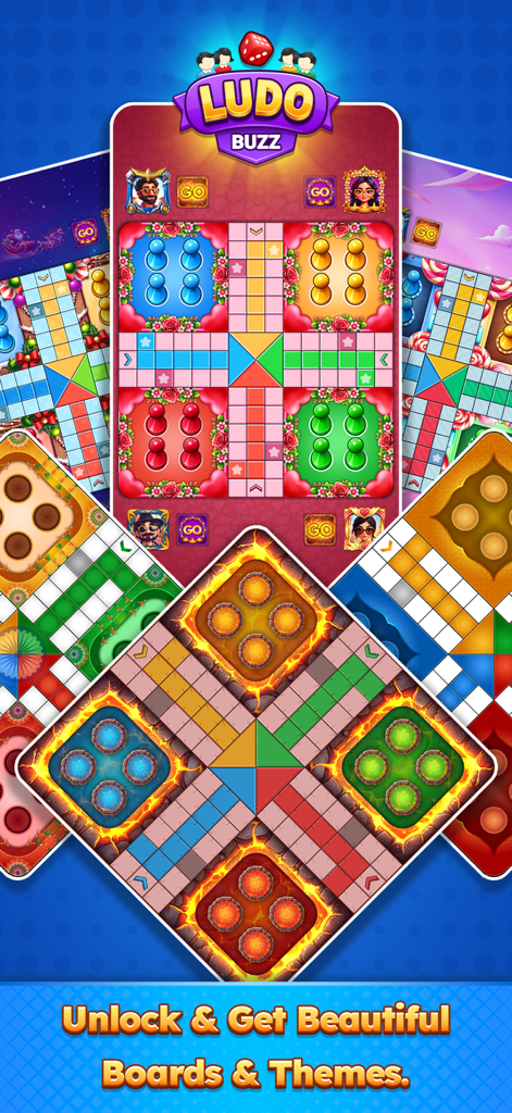 Ludo Buzz - Multiplayer Game - Selección de tableros de Ludo coloridos y temáticos en la aplicación Ludo Buzz.