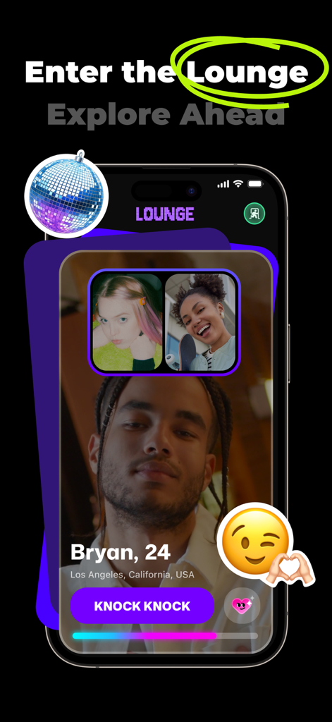 Interfaz de la app KnocKnock mostrando un perfil de video en la sección Lounge