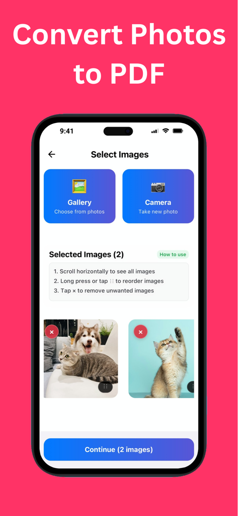 Photo to PDF Converter Maker - Photo to PDF Converter app interface showing image selection from gallery and camera with preview of selected photos
