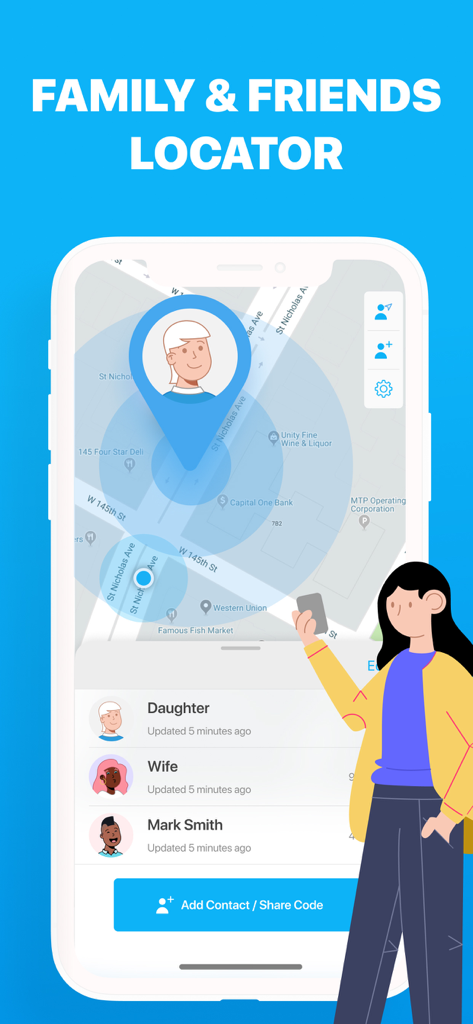 Find My Friends app interface displaying family locations on a map with a contact list